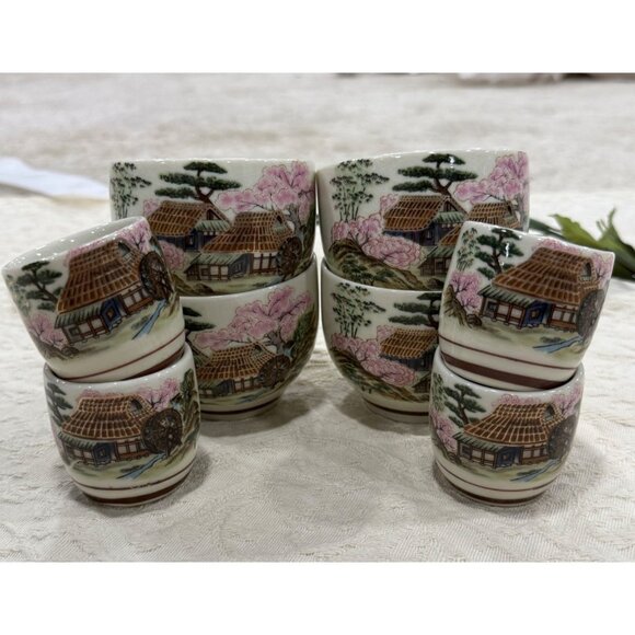 Vintage Japanese Tea Set With Scenic Hand-Painted Village & Cherry Blossoms - Picture 8 of 10